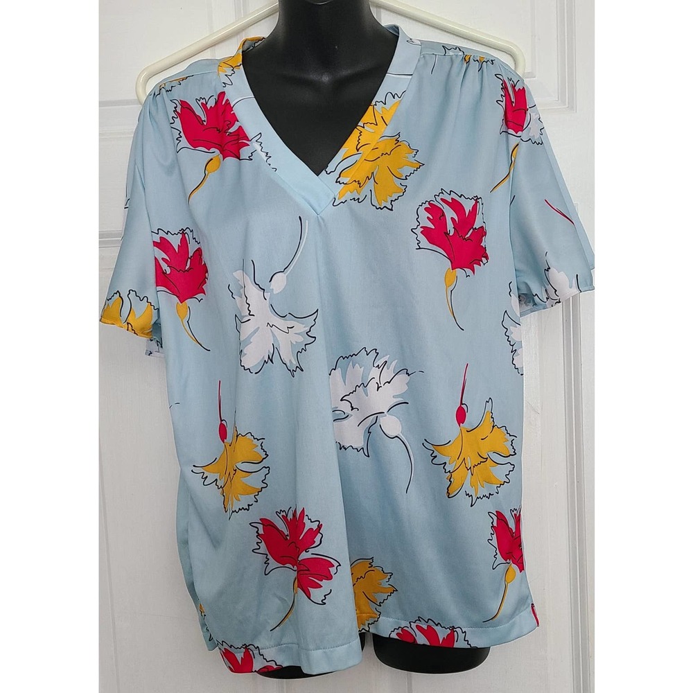 VintageFlutter Sleeve Poly V neck 70s top shirt 40 L XL Measure Up SS